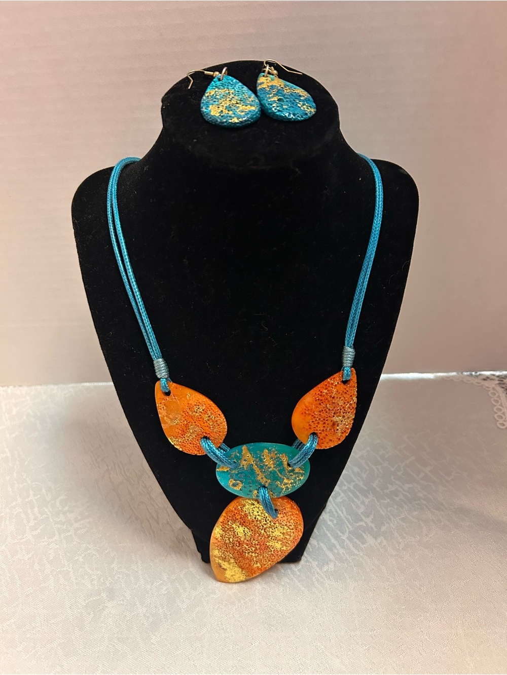 Handcrafted Teal & Orange Statement Necklace and Earring Set